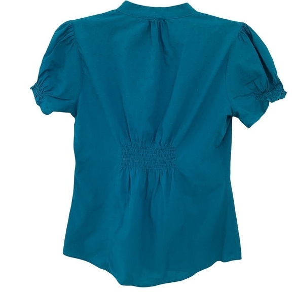 Love on a Hanger Teal Blue Swiss Dot Mock Neck Crochet Front Panel Blouse Sz Lg - Picture 4 of 8